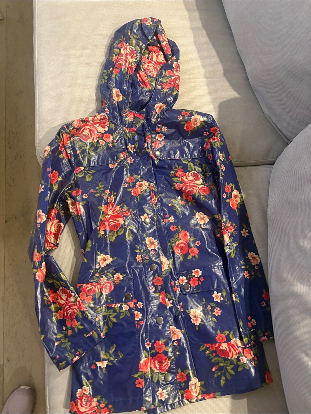 Forever 21 Navy Floral Hooded Trench Coat With Belt